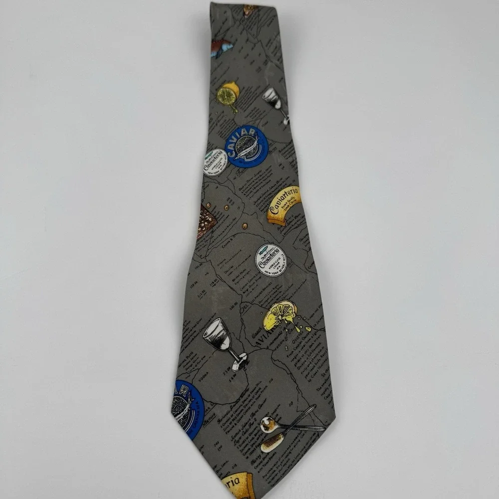 VTG Nicole Miller Caviar Cocktail Novelty Silk Tie 1995 Gray